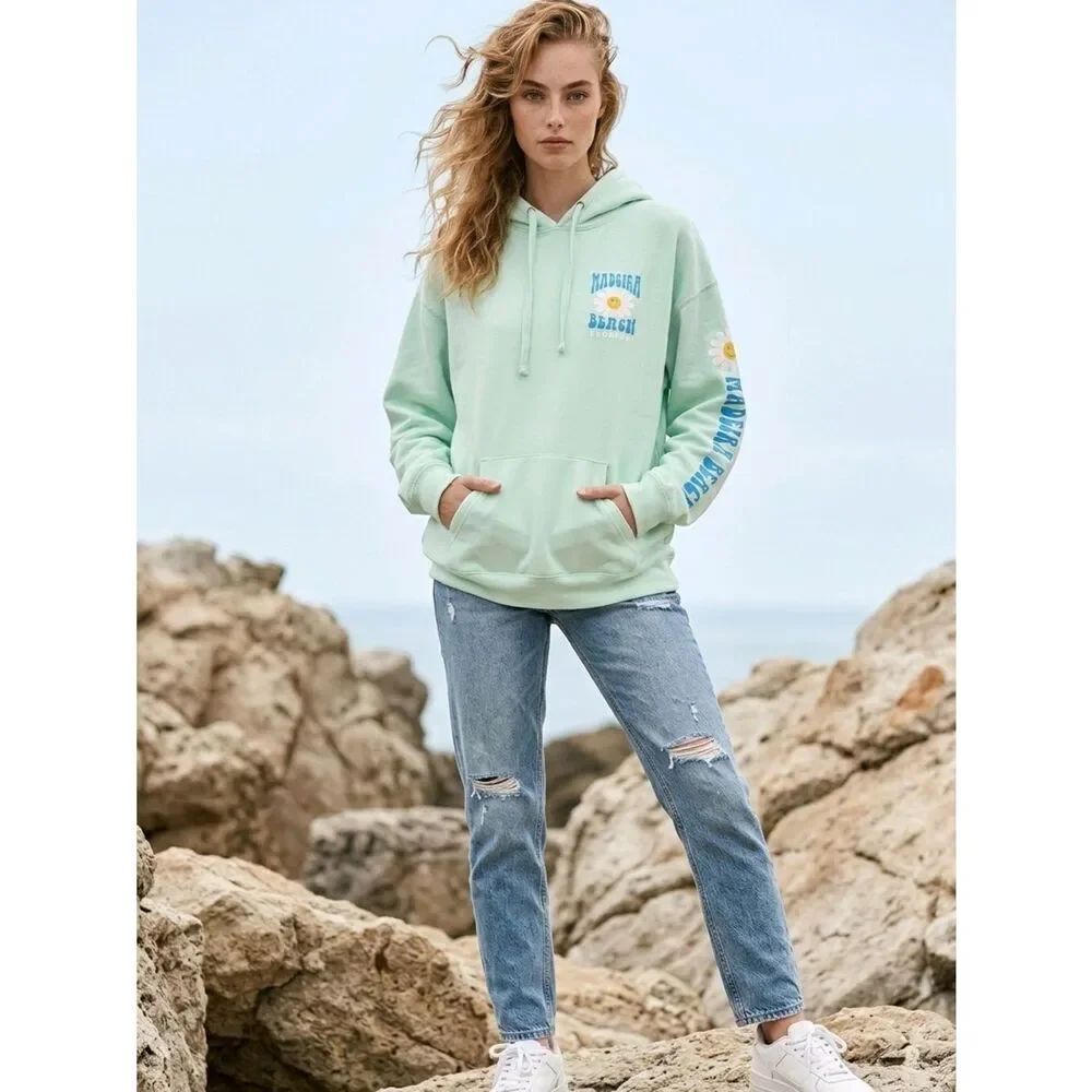 Mint Green Graphic Hoodie with Daisy Print